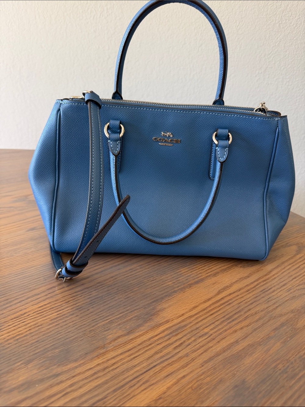 Coach Blue Saffiano Leather Satchel with silver Hardware